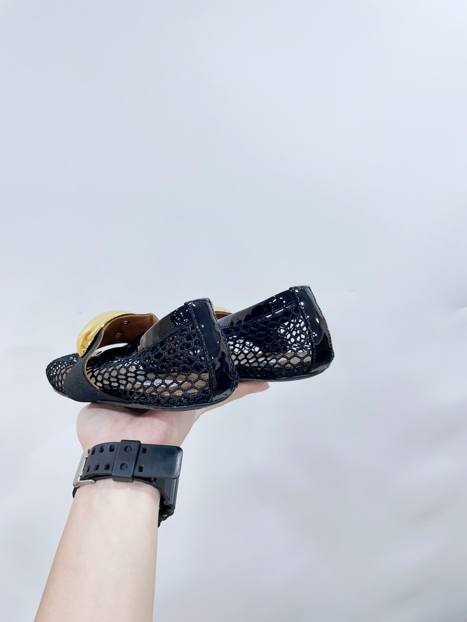 ALAIA MARY JANE SHOES IN BLACK MESH WITH GOLD HARDWARE