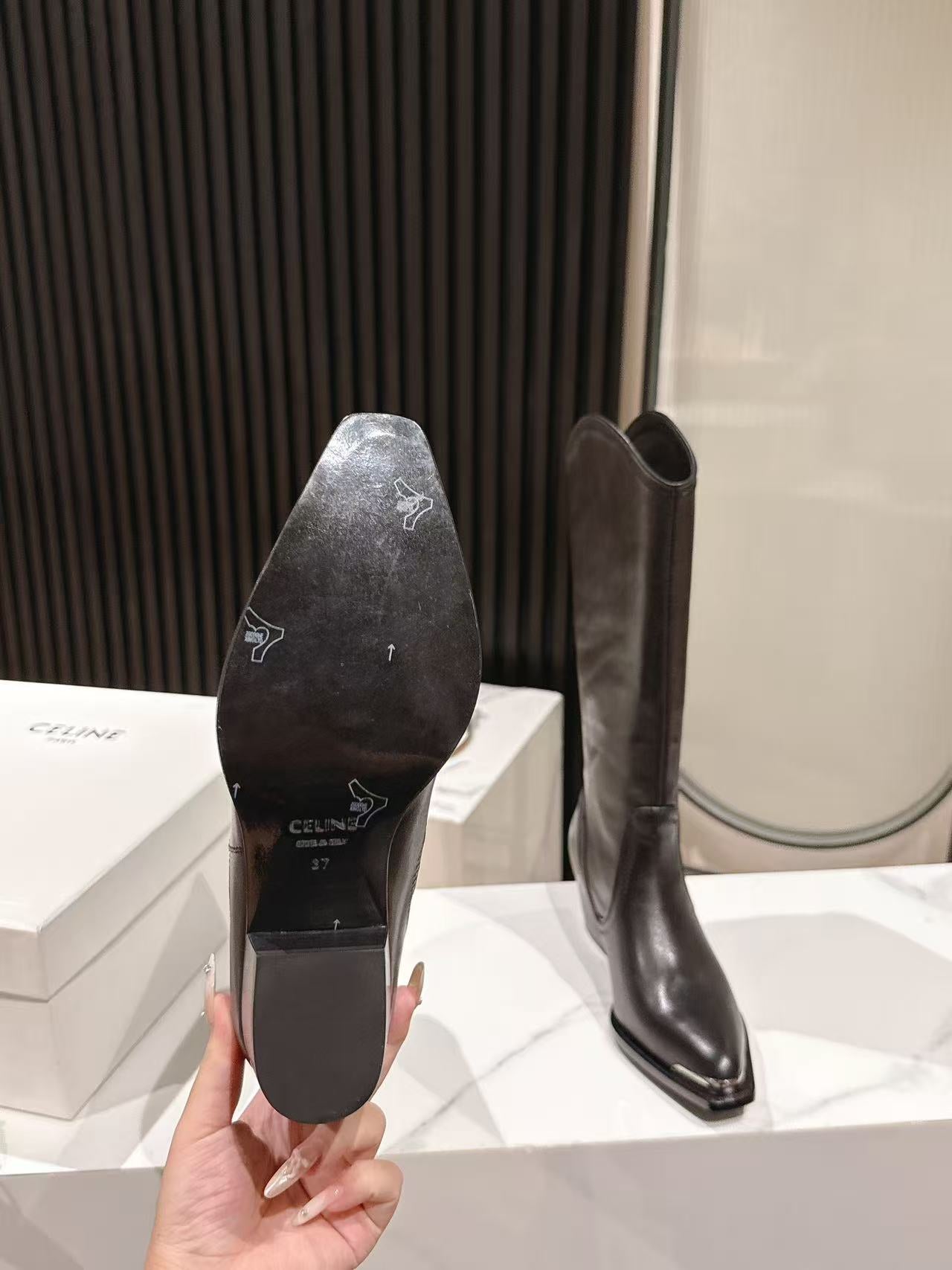 CELINE 25 Mid Calf Cowboy Boots Black Calfskin