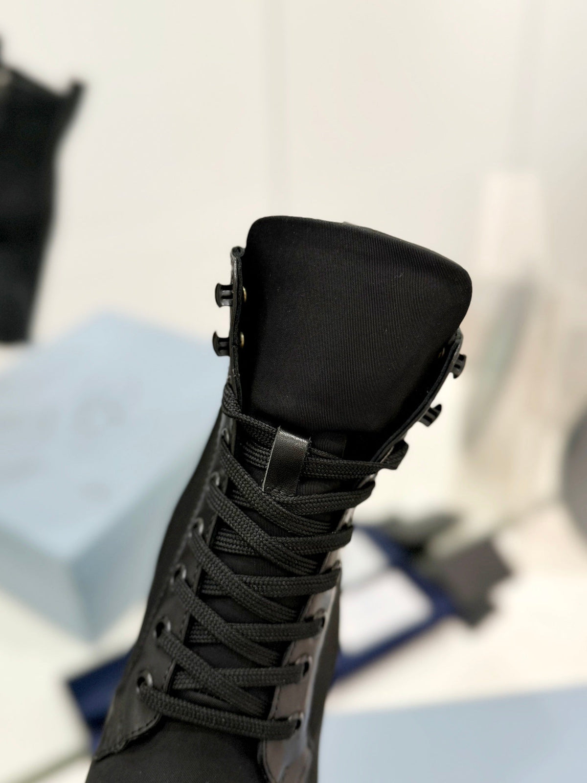 PRA RE-NYLON AND LEATHER BOOTIES BLACK