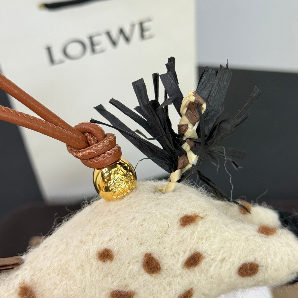 Loewe x Paula's Ibiza Giraffe Bag Charm Brown And Off-white Raffia Leather