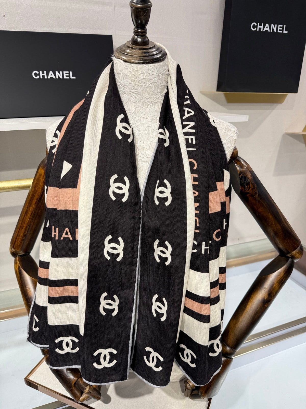 Chanel 2026 CC Logo Square Scarf Black Silk Cashmere 219223