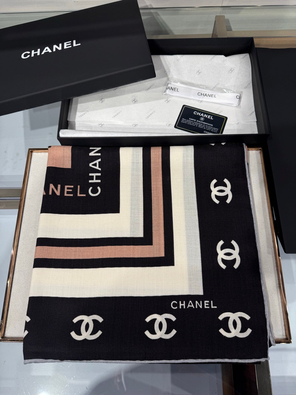 Chanel 2026 CC Logo Square Scarf Black Silk Cashmere 219223