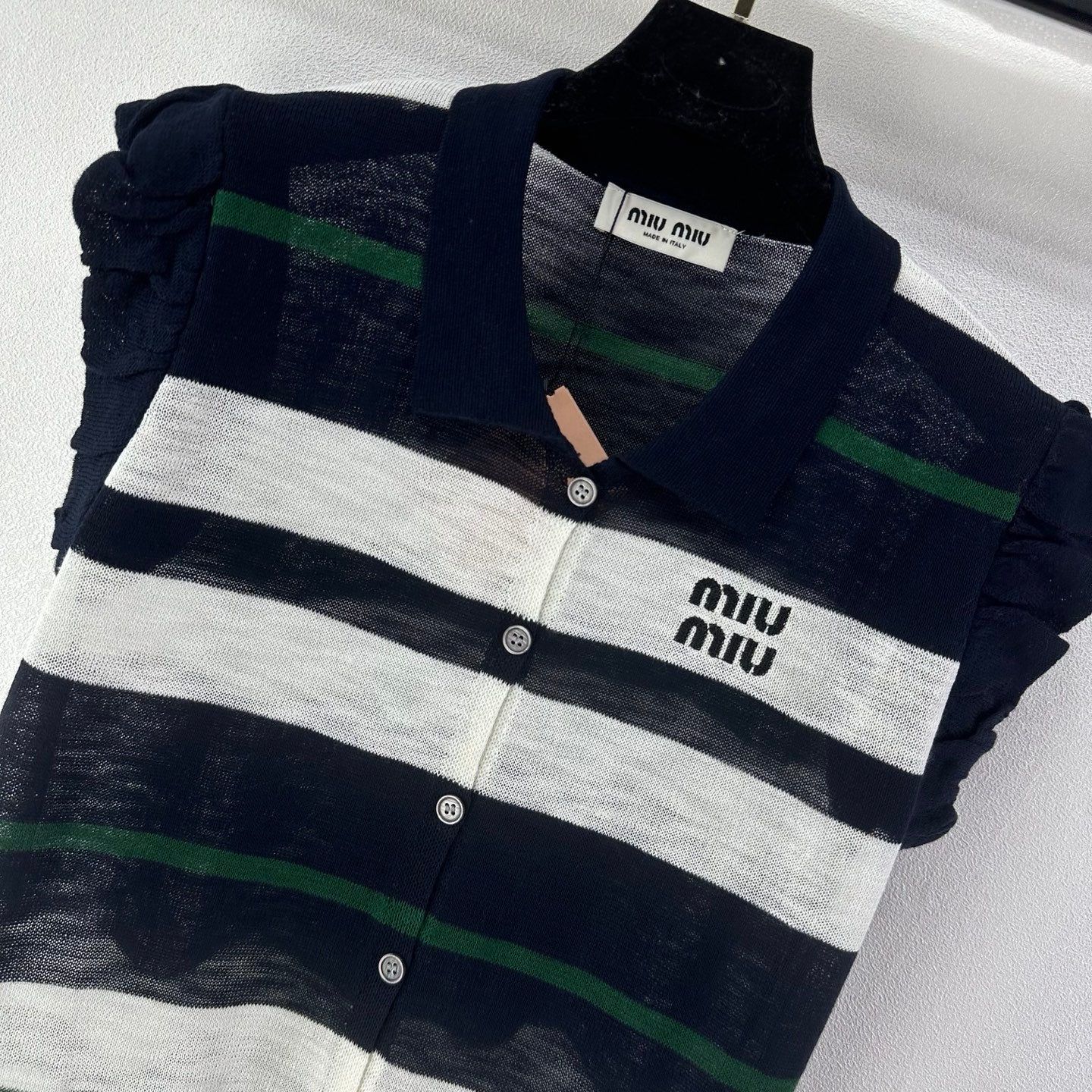 Miumiu 2026 Striped Polo Shirt Navy Blue Cotton 395629