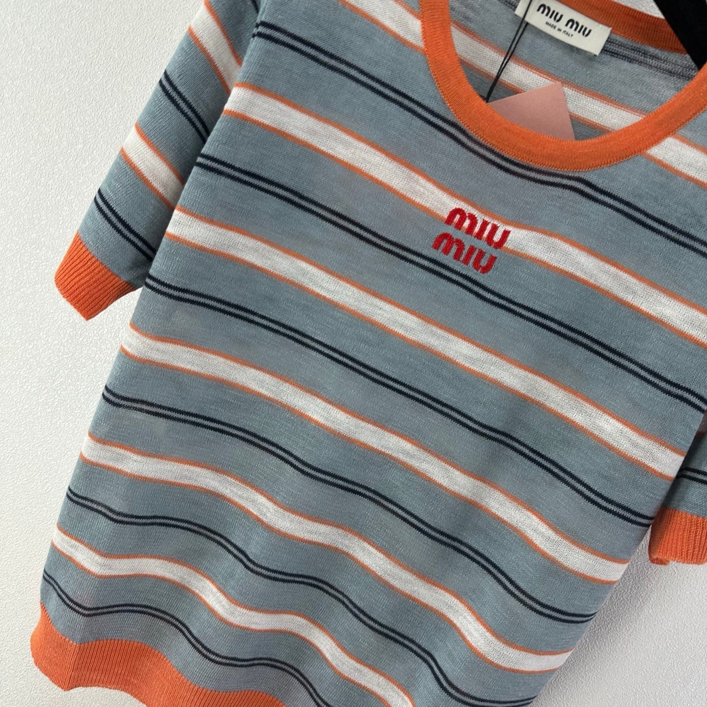 Miumiu 2026 Striped Knit Short-sleeved Top Blue-Grey mix Orange Cotton 395632