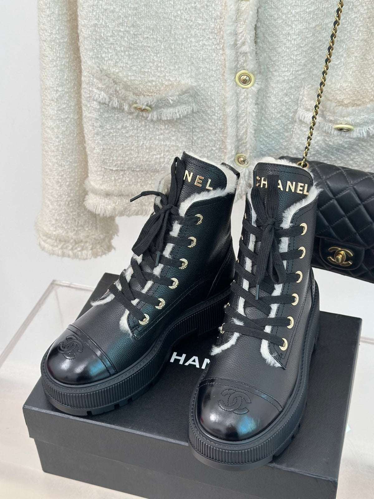 Chanel 2026 Lace-Up Ankle Boots 50mm Leather Wool 188600