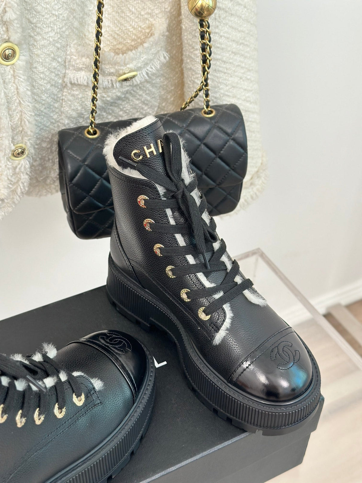 Chanel 2026 Lace-Up Ankle Boots 50mm Leather Wool 188600
