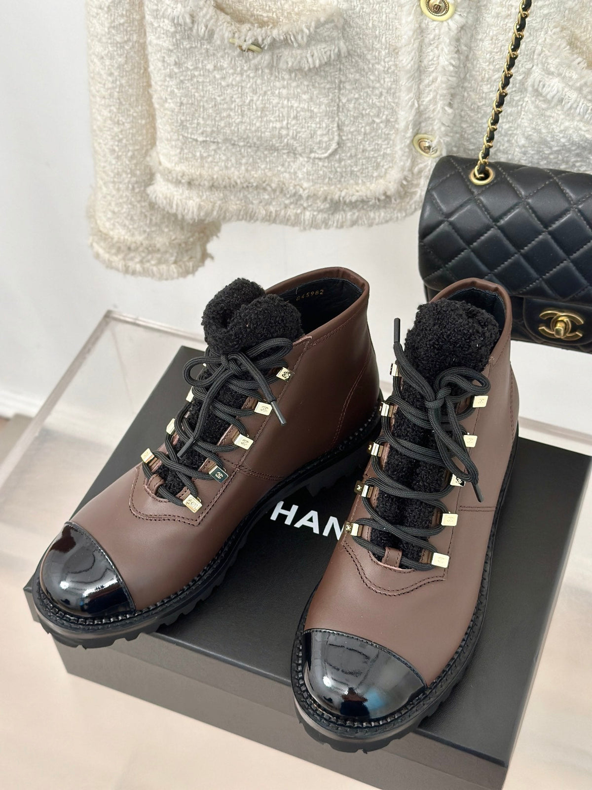 Chanel 2026 Lace-Up Combat Boots Brown Leather Wool 188626