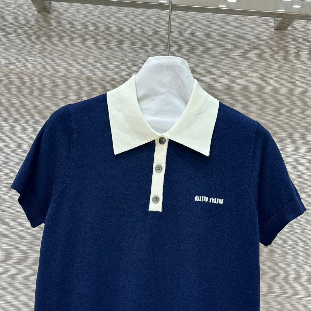 Miu Miu 25 Polo Collar Short-sleeve Knitted Top Blue Wool