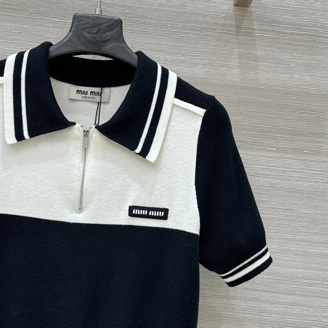Miu Miu 25 Polo Collar Short-sleeved Top Black White  Tencel