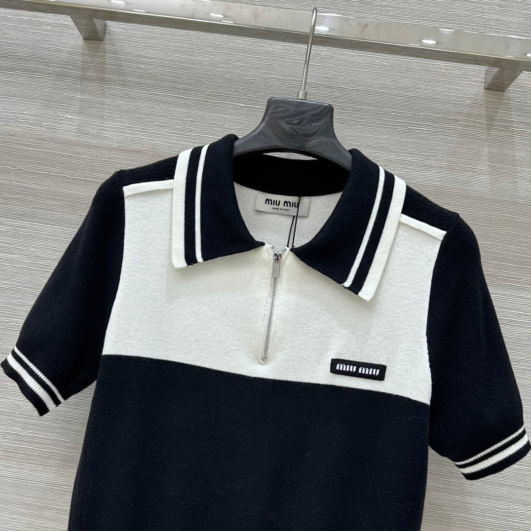Miu Miu 25 Polo Collar Short-sleeved Top Black White  Tencel