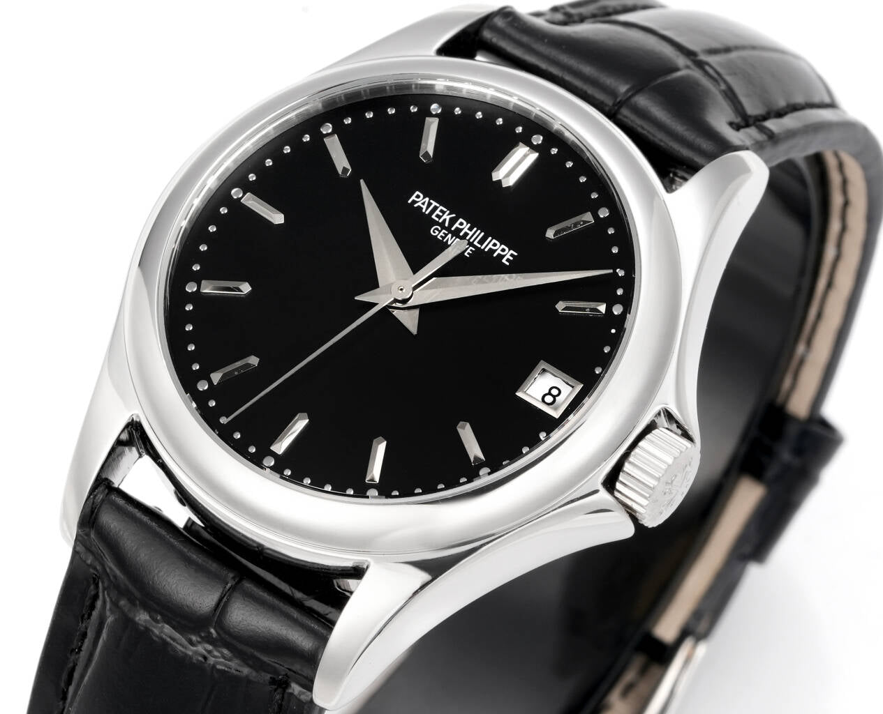 Patek Philippe Calatrava 37mm Black Dial Black Leather Strap