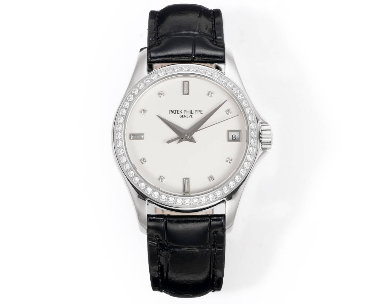 Patek Philippe Calatrava 37mm White Dial Black Leather Strap Watch