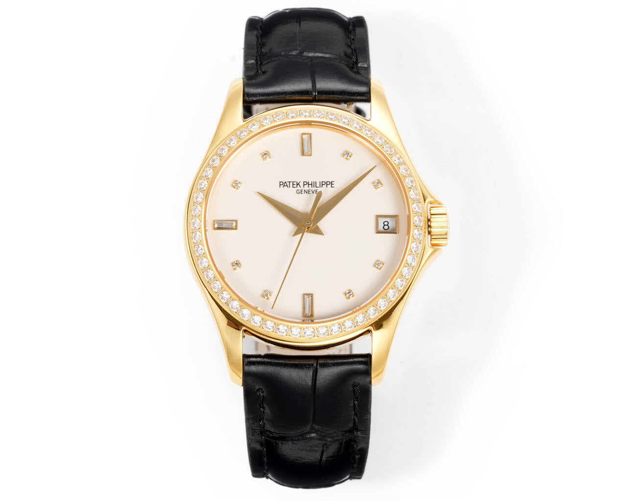 Patek Philippe Calatrava 37mm White Dial Black Leather Strap Watch