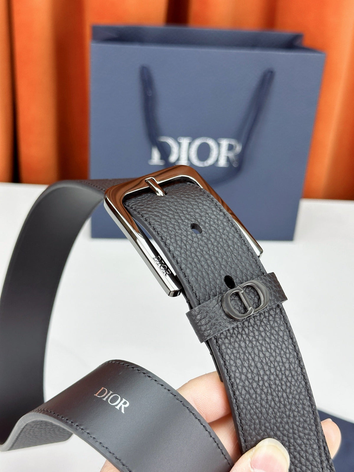 Dior 2026 CD Icon Grained Belt 35mm Black Calfskin