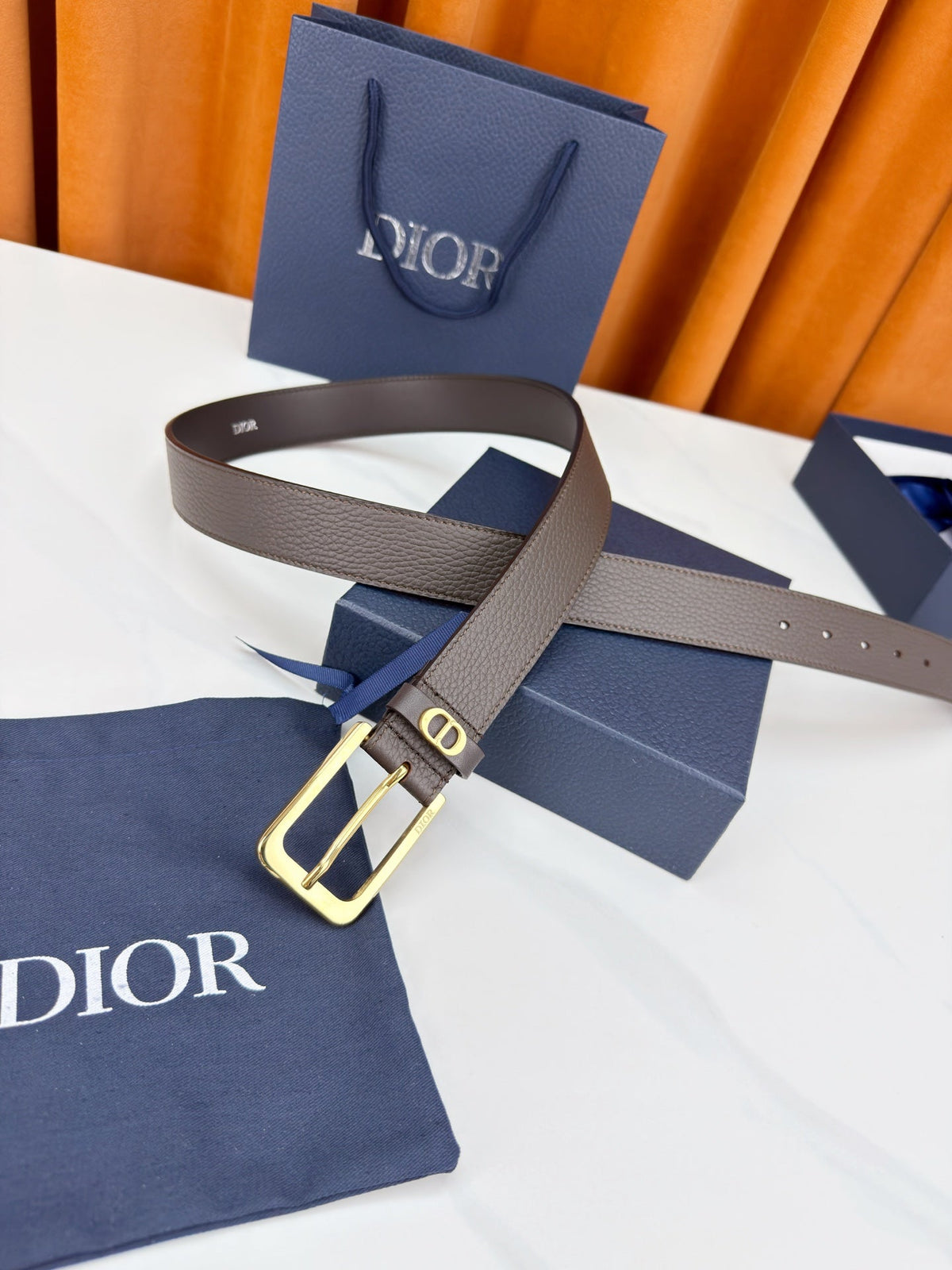 Dior 2026 CD Icon Grained Belt 35mm Dark Brown Calfskin