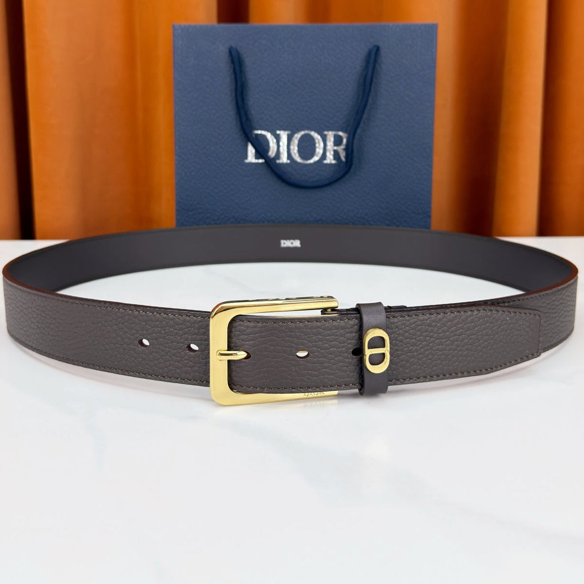 Dior 2026 CD Icon Grained Belt 35mm Dark Brown Calfskin