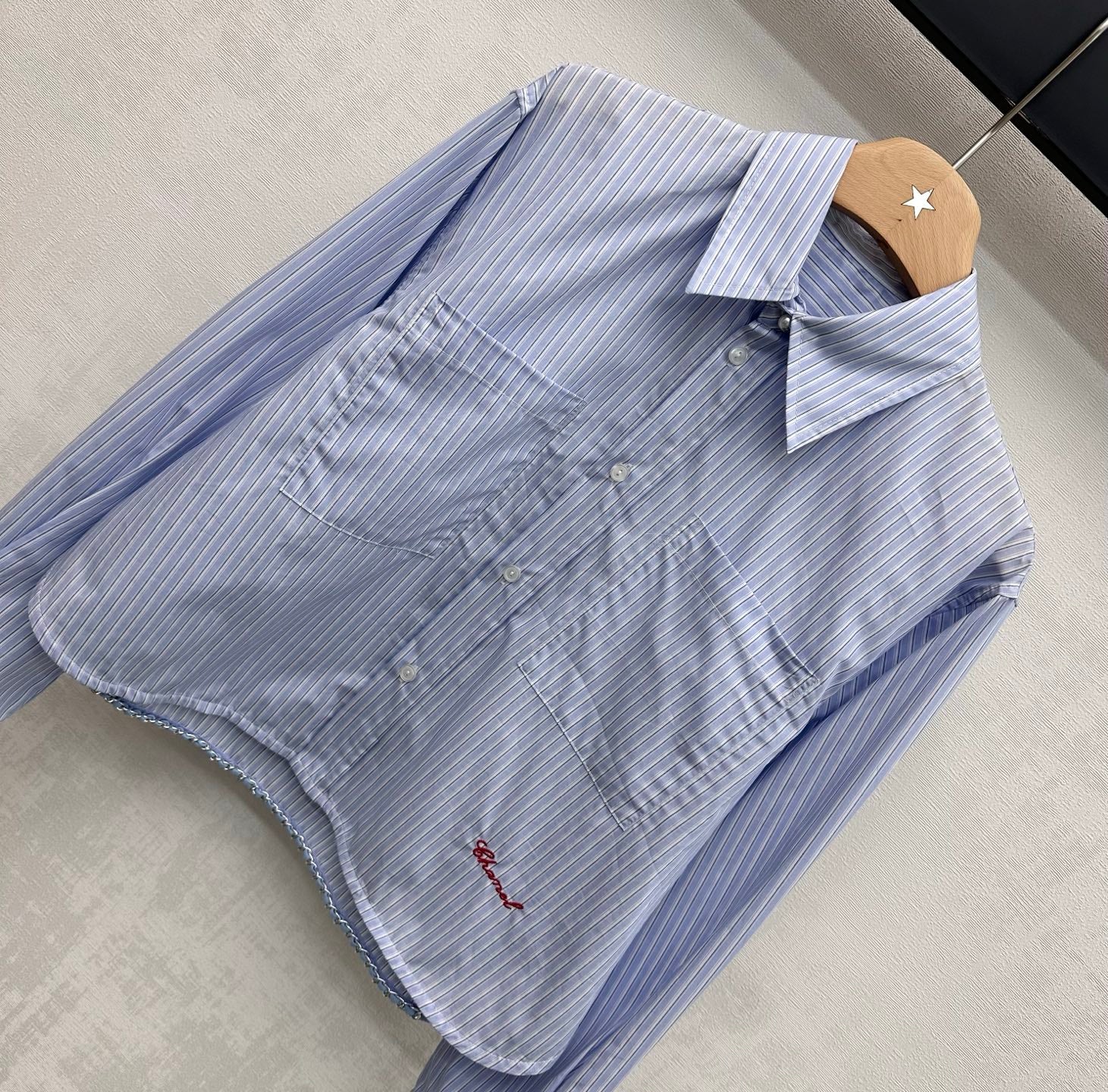 Chanel 2026 Pearl Button Chain Trim Short Shirt Blue Cotton 206642