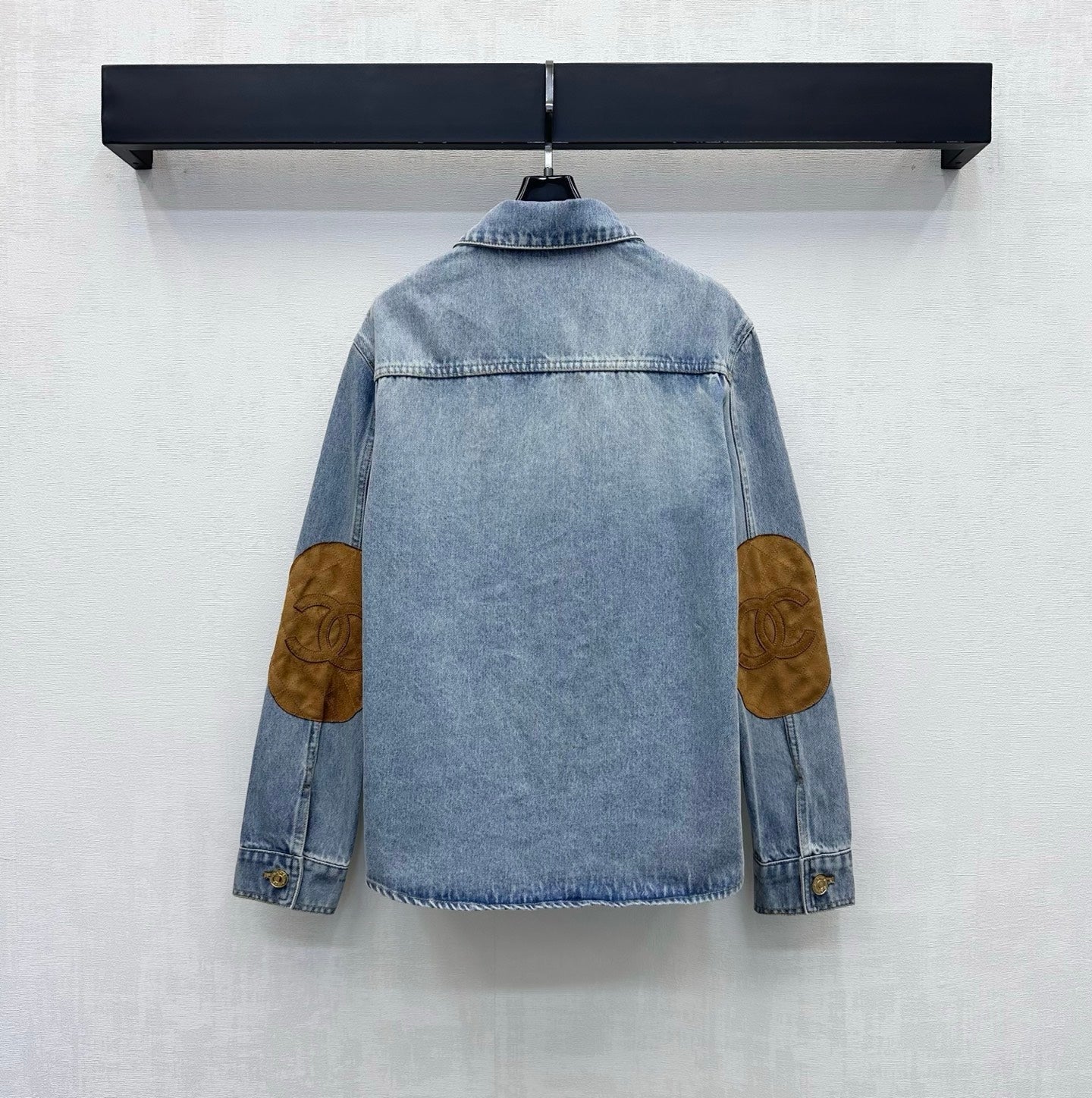 Chanel 2026 Checkered Denim Shirt with Sleeve Patches Light Blue Cotton 418505