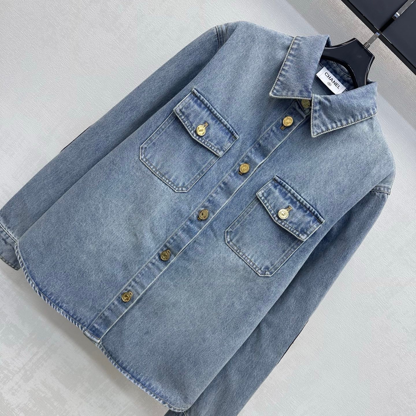 Chanel 2026 Checkered Denim Shirt with Sleeve Patches Light Blue Cotton 418505