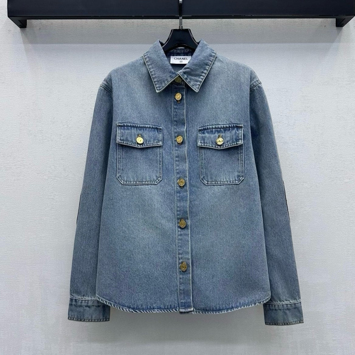 Chanel 2026 Checkered Denim Shirt with Sleeve Patches Light Blue Cotton 418505