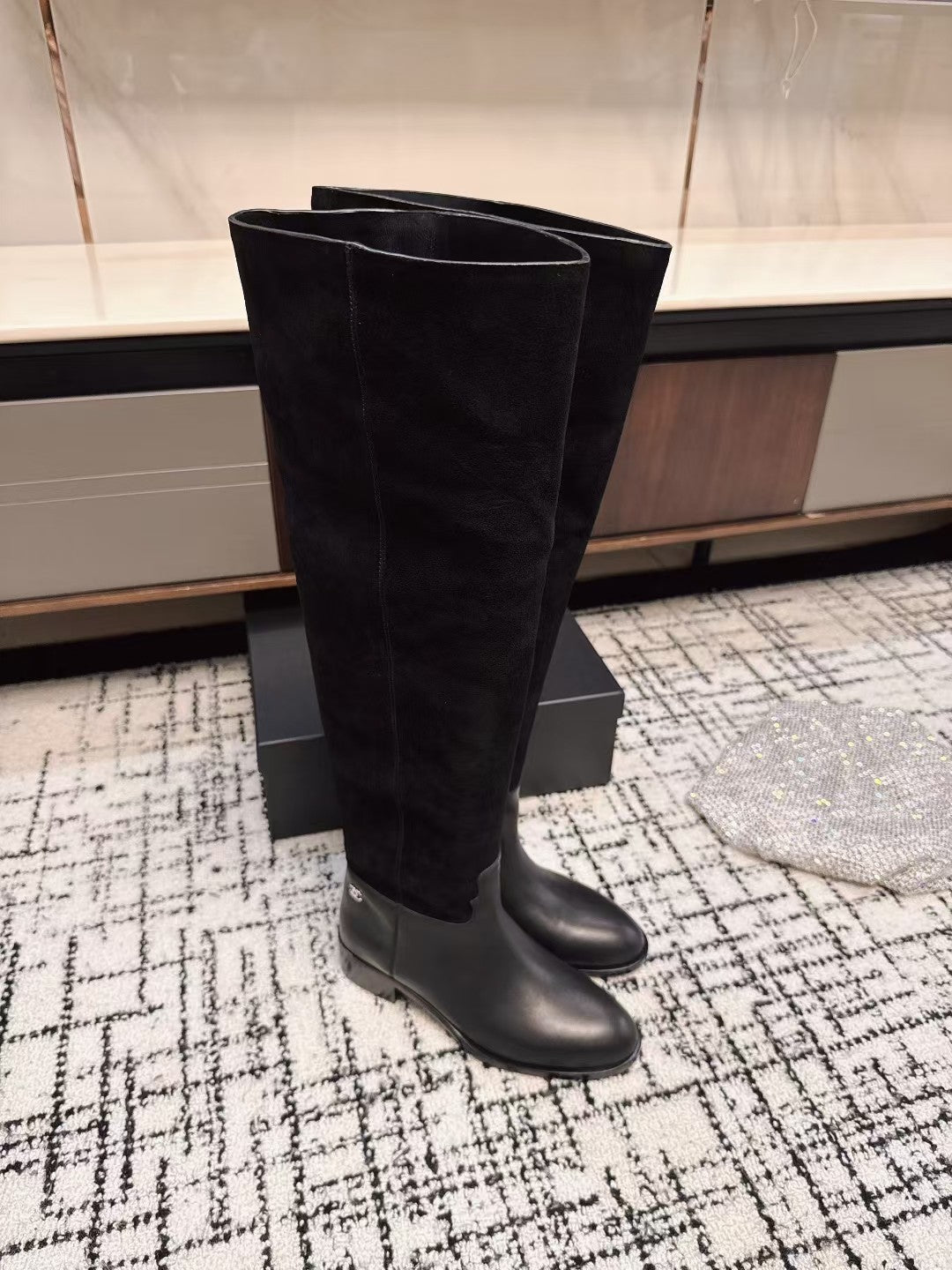 Chanel 25A Winter New Thigh Boots Black Cowhide Mix Suede 393520