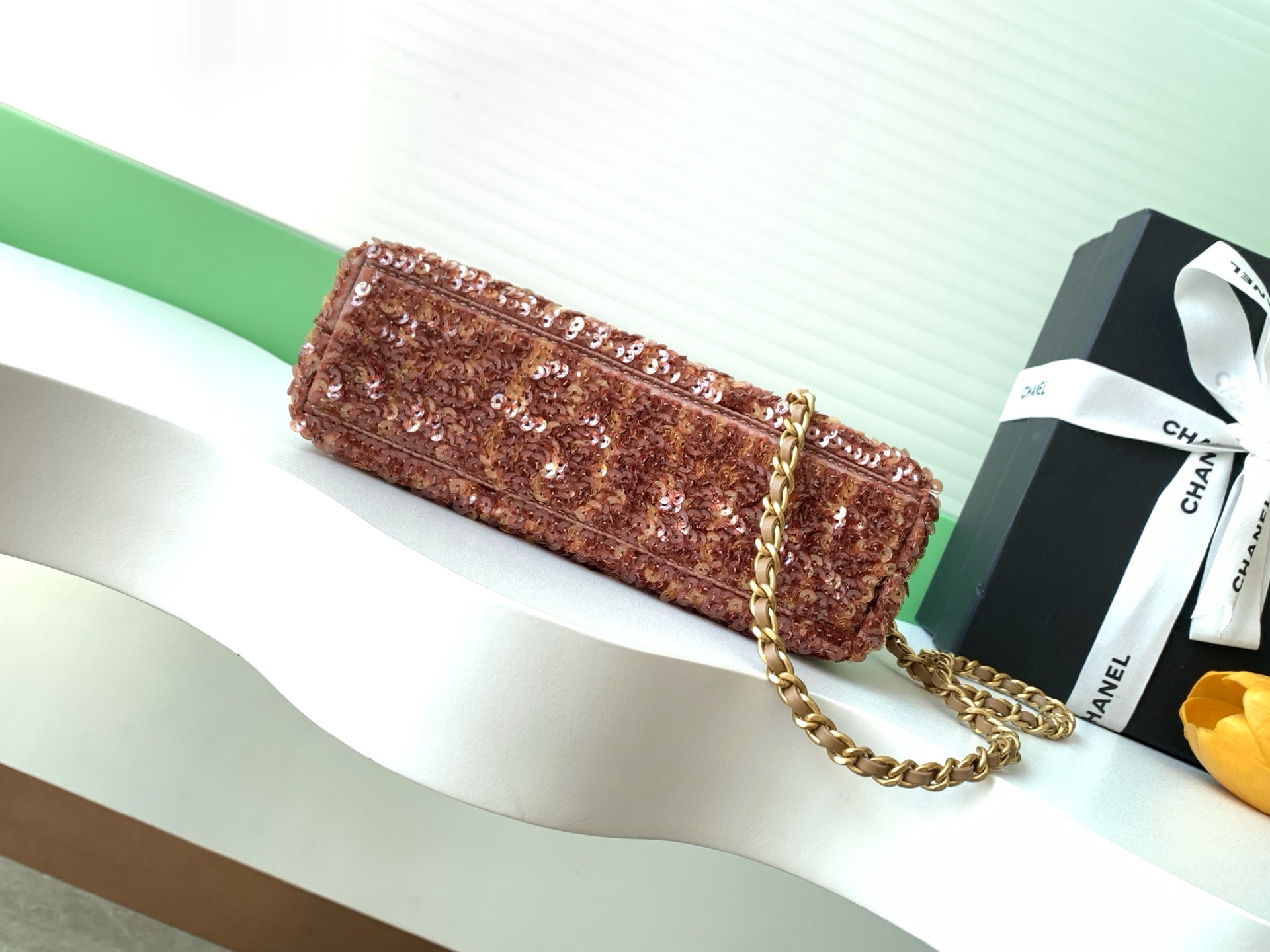 Chanel 2025 Kelly Bag 19cm Pinkish-brown Sequin Leather 319629