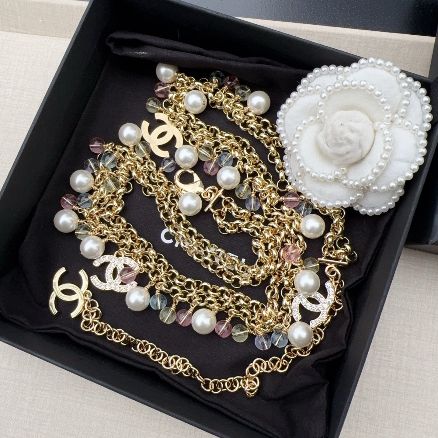 Chanel 2026 Pearl Crystal Charm Layered Chain Belt 208038