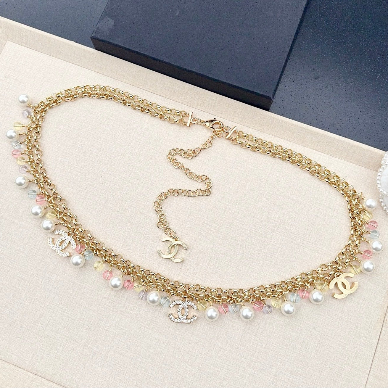 Chanel 2026 Pearl Crystal Charm Layered Chain Belt 208038