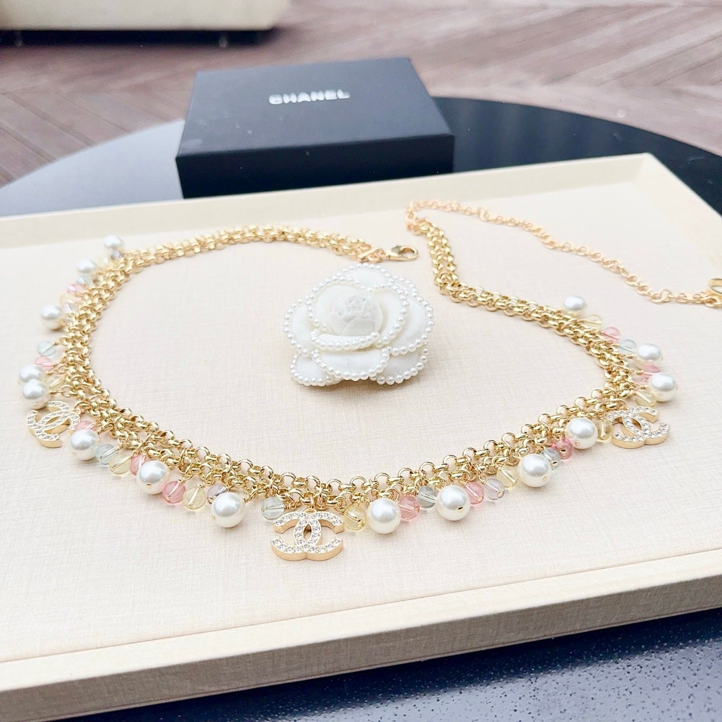 Chanel 2026 Pearl Crystal Charm Layered Chain Belt 208038
