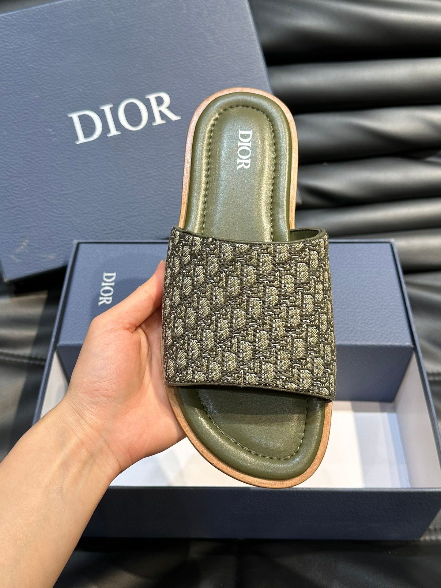 CD SLIDE ALIDAS SLIPPER OLIVE JACQUARD AND CALFSKIN