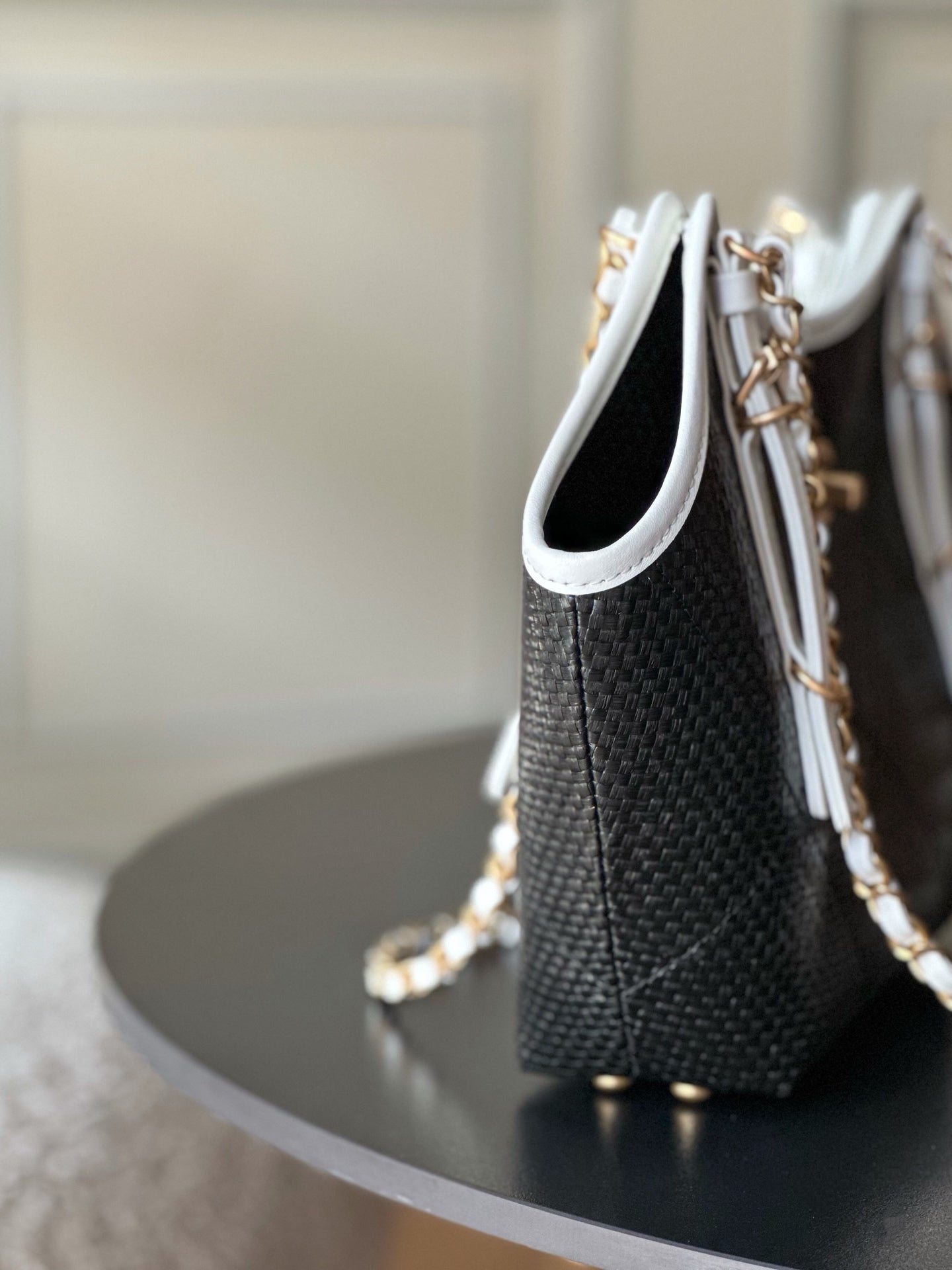 Chanel 2025 Maxi Hobo Bag 31cm Black mix White Straw Leather 320857