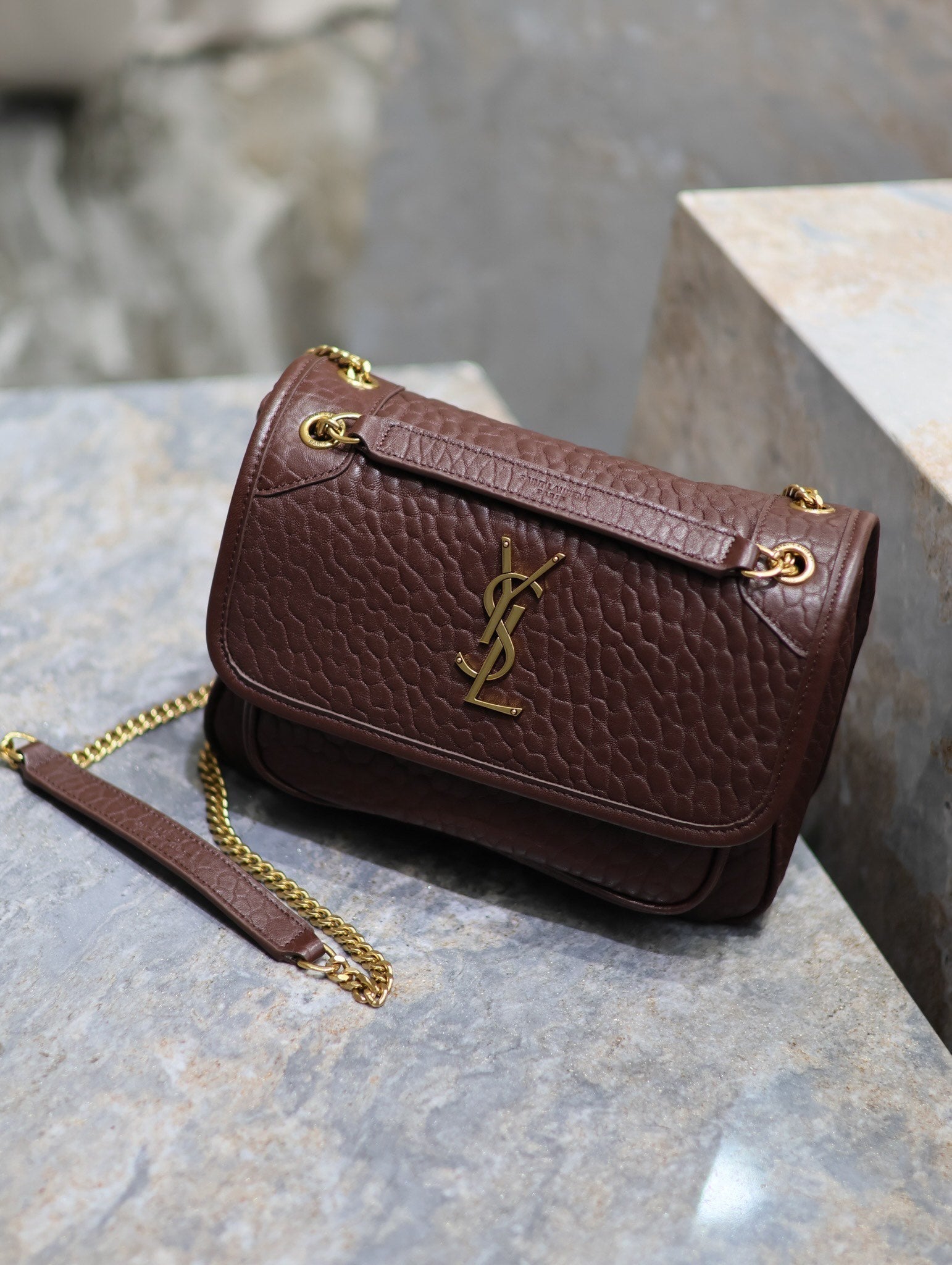 YSL Niki Chain Satchel Bag 22cm Brown Lambskin
