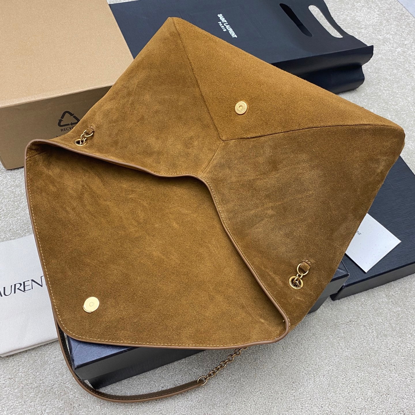 YSL 2026 Cassandre Large Pouch on Chain 35cm Brown Suede
