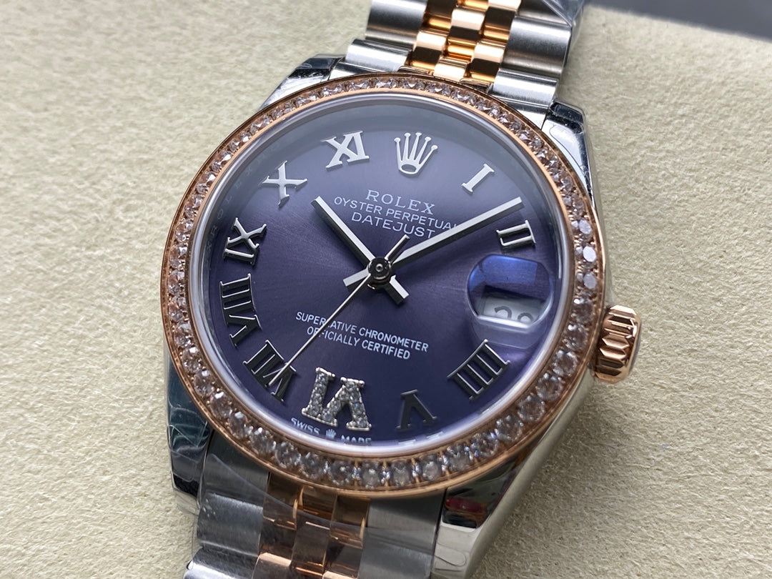 Datejust 31mm Pink Gold Steel Diamond Bezel Aubergine Purple Dial