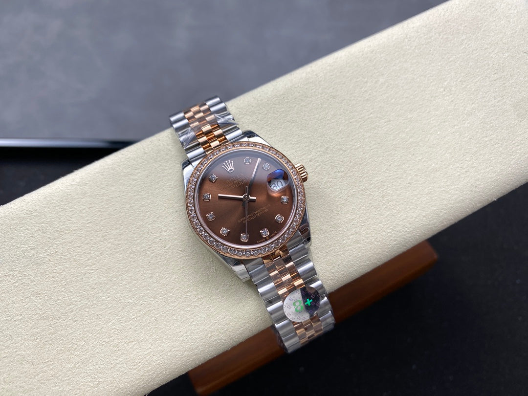 Datejust 31mm Pink Gold Steel Diamond Bezel Chocolate Dial Diamond Numerals