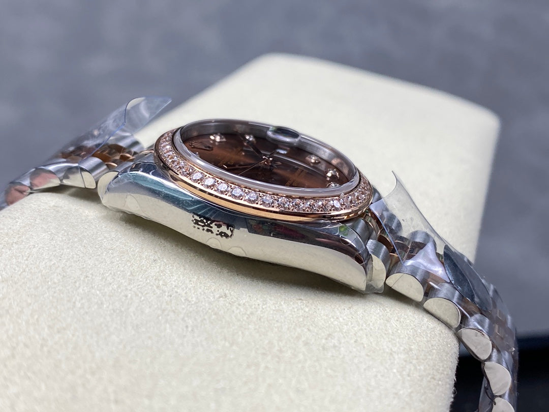 Datejust 31mm Pink Gold Steel Diamond Bezel Chocolate Dial Diamond Numerals