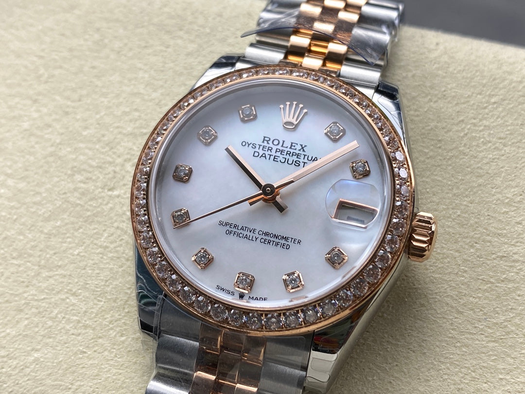 Datejust 28mm Pink Gold Steel Diamond Bezel White Mop Dial