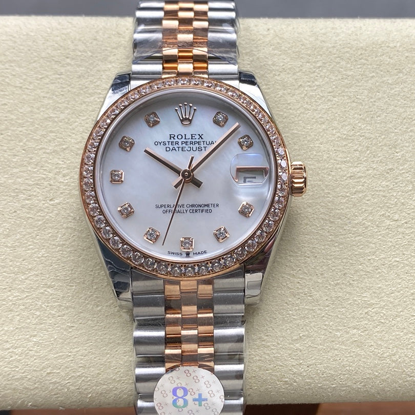 Datejust 28mm Pink Gold Steel Diamond Bezel White Mop Dial