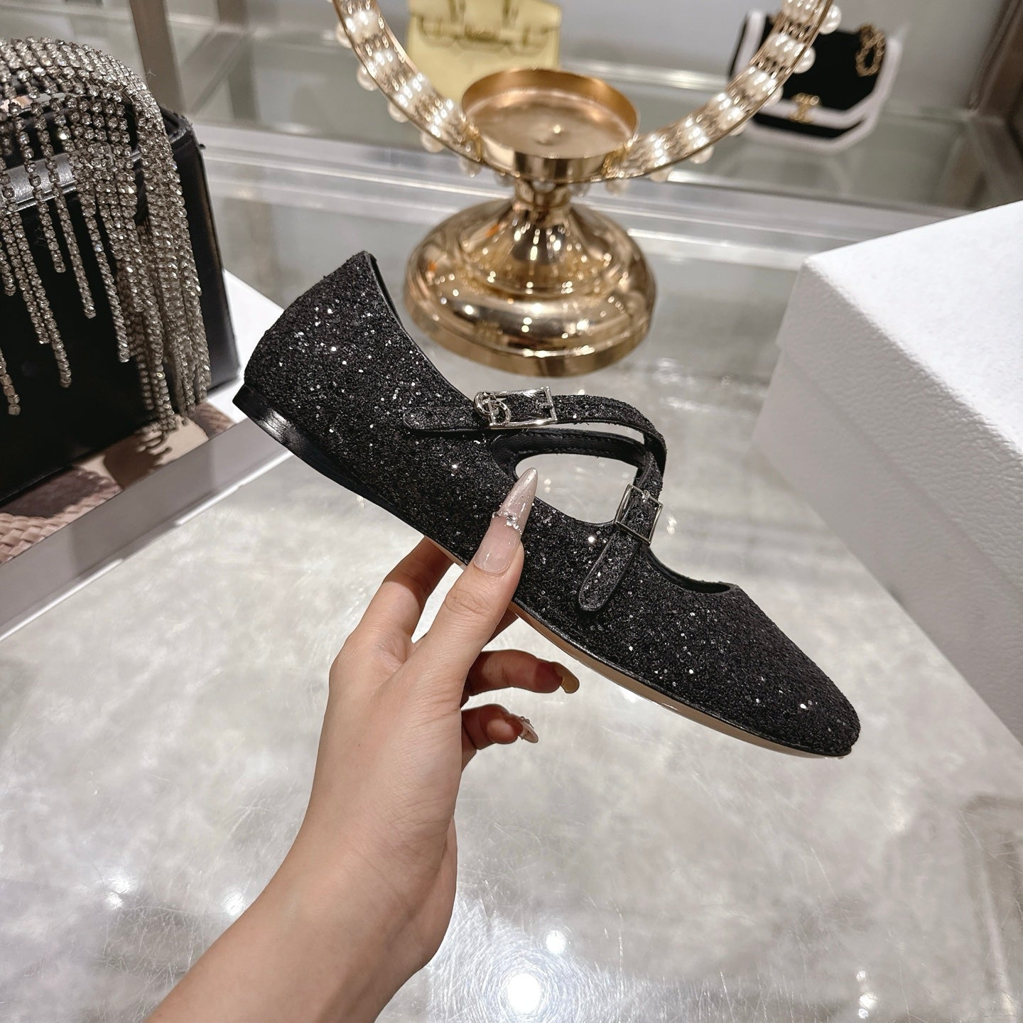 CC 26 Ballet Flats Black Leather With Sequins 592215