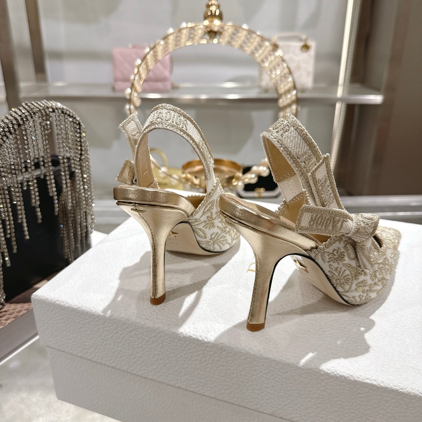 CD 26 Slingback Metallic Floral Embroidery 85mm Ivory Gold Tweed 592232