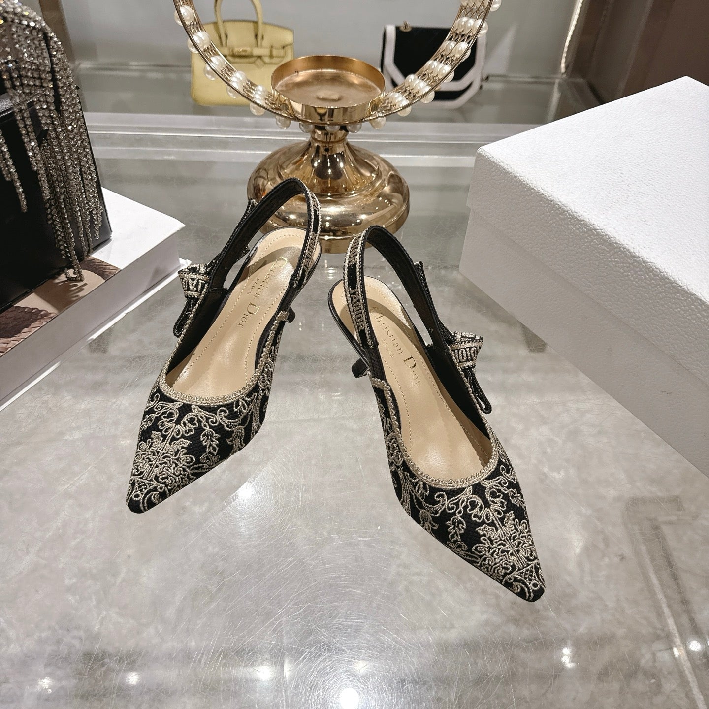 CD 26 Slingback Metallic Floral Embroidery 45mm Black Gold Tweed 592235