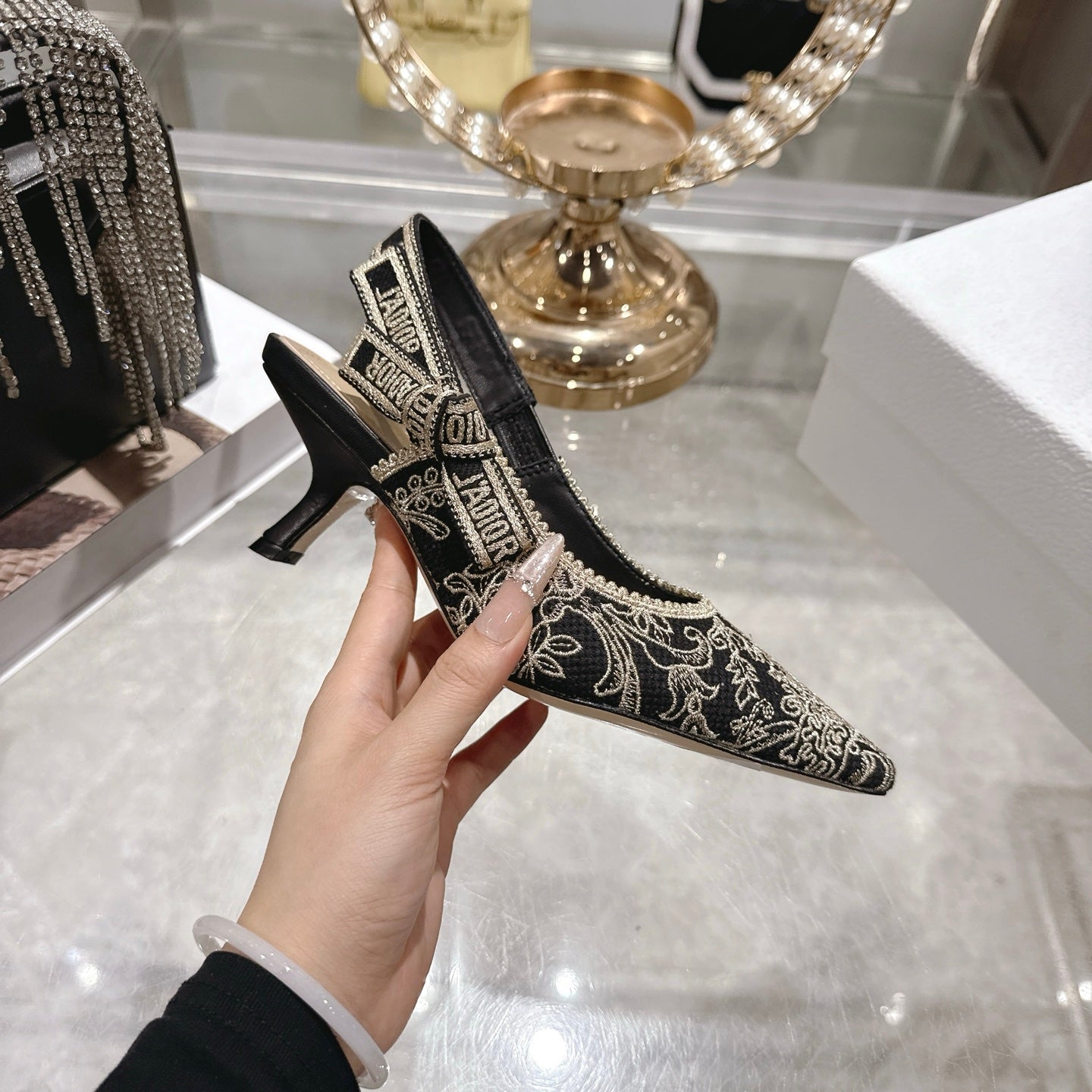 CD 26 Slingback Metallic Floral Embroidery 45mm Black Gold Tweed 592235