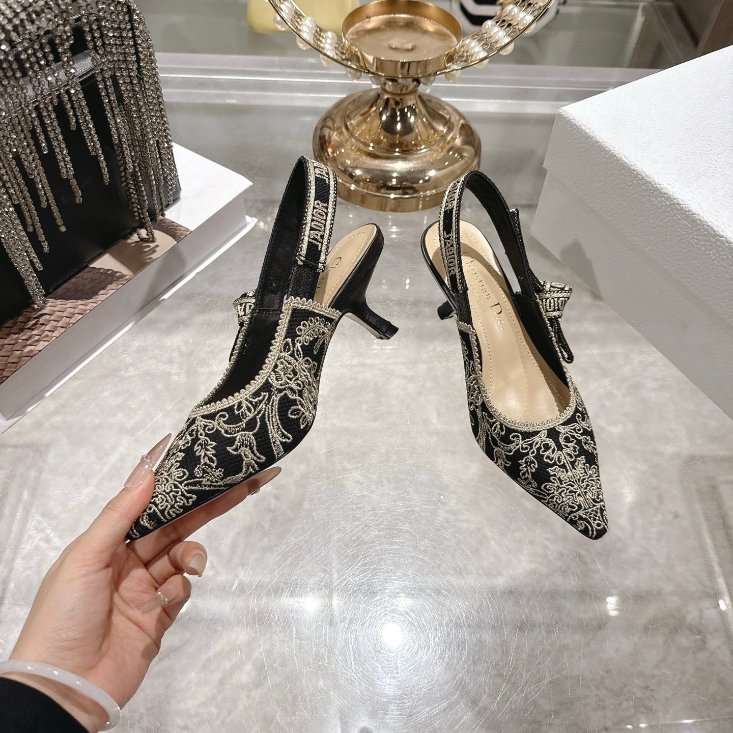 CD 26 Slingback Metallic Floral Embroidery 45mm Black Gold Tweed 592235