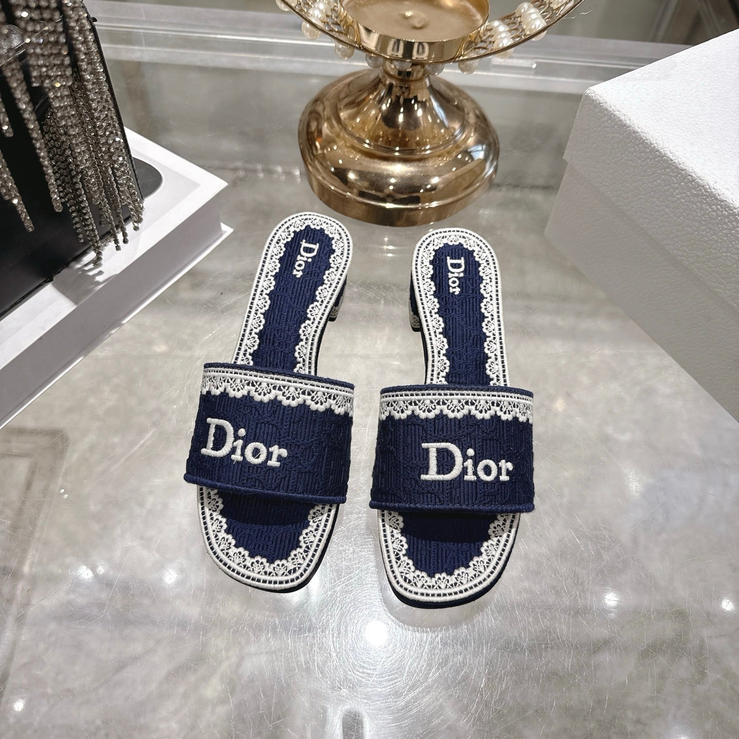 CD  26 Embroidered Sandals 45mm Dark Blue White Canvas 592238