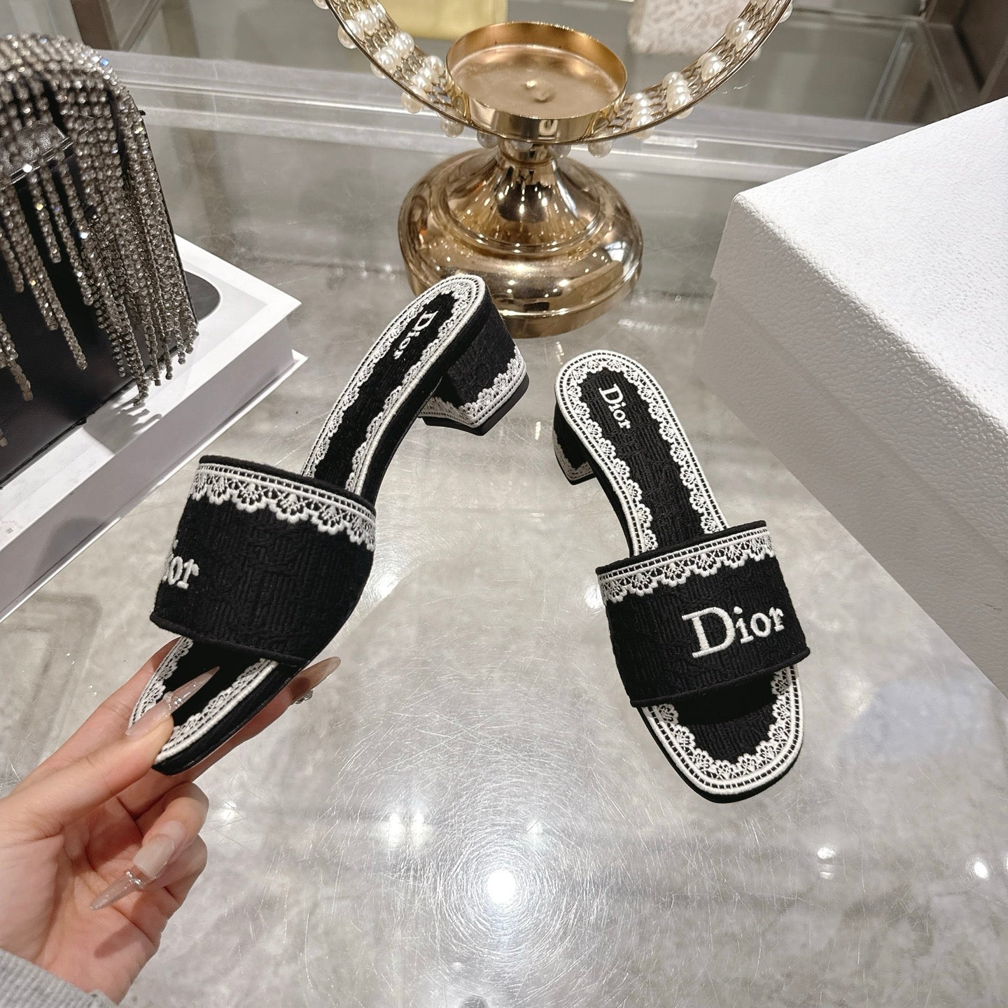 CD 26 Embroidered Sandals 45mm Black White Canvas 592240