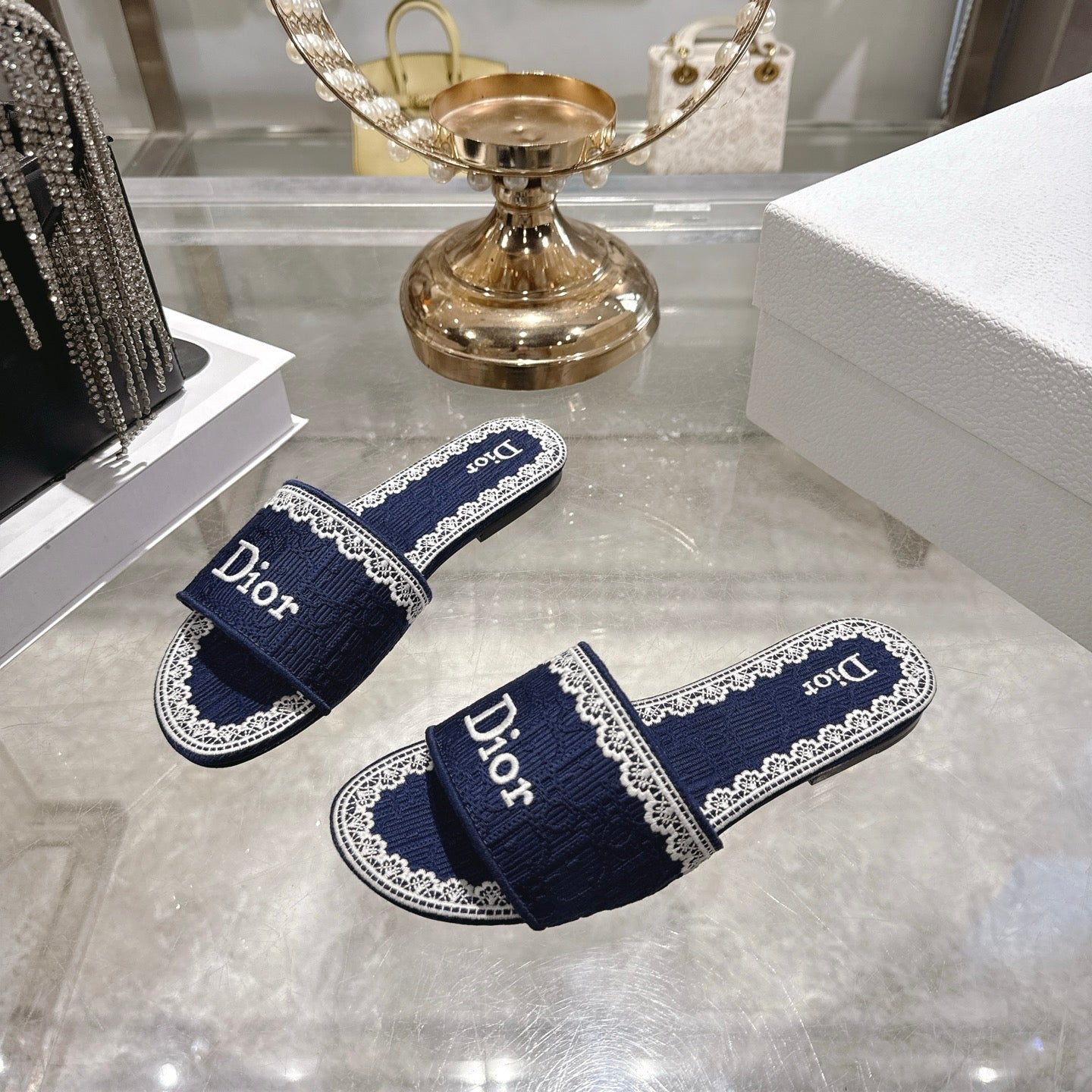 CC 26 Embroidered Sandals Blue White Canvas 592244