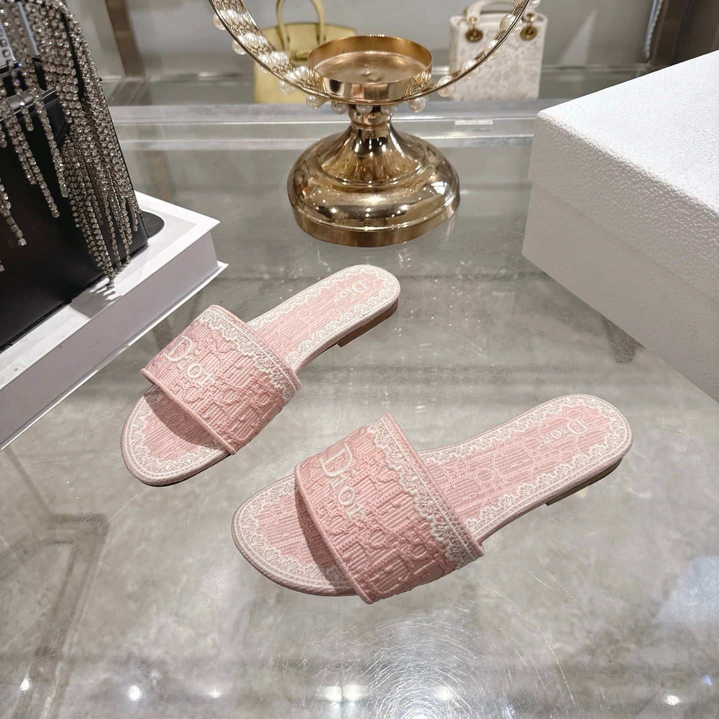 CD 26 Embroidered Sandals Pink White Canvas 592245