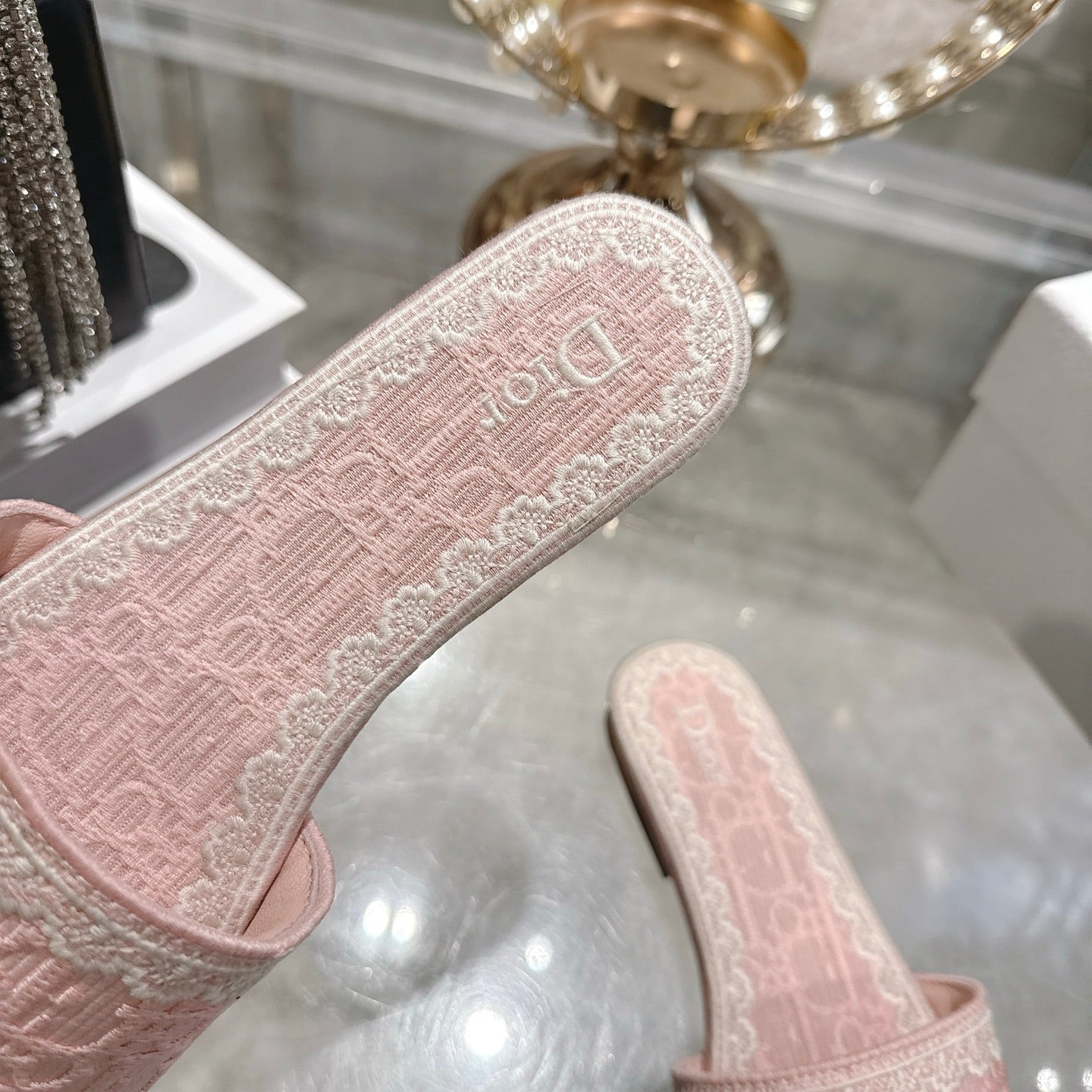 CD 26 Embroidered Sandals Pink White Canvas 592245