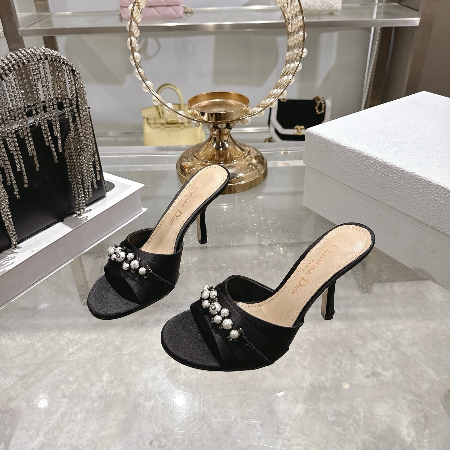 CD 26 High-Heeled Mules 85mm Pearl Black Leather 592249