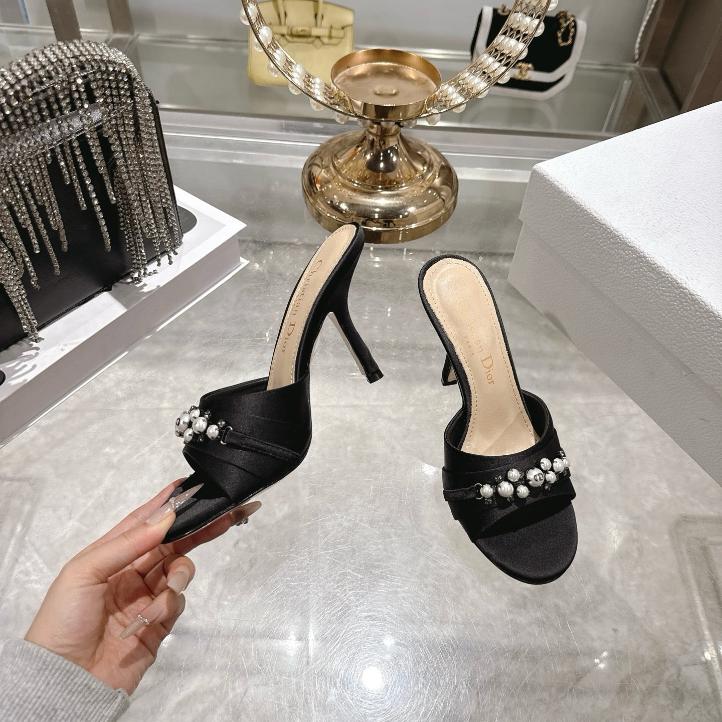 CD 26 High-Heeled Mules 85mm Pearl Black Leather 592249